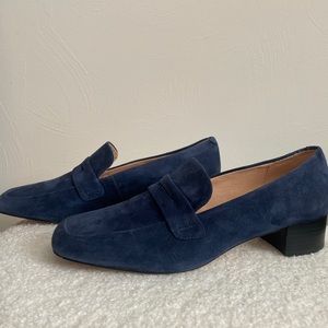 Anthropologie navy blue suede classic loafers with heel